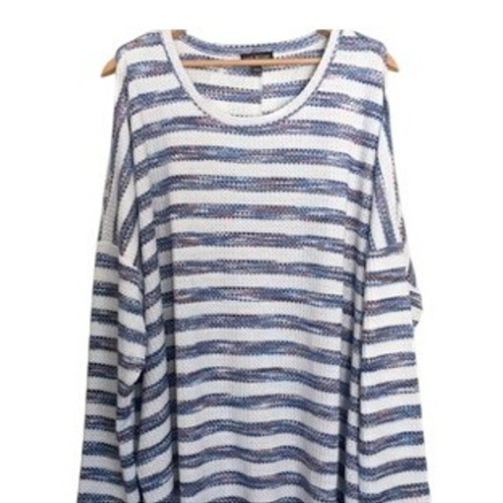 Lane Bryant Womens Plus 30/32 Blue Striped Cold Shoulder Waffle Knit Top Relaxed